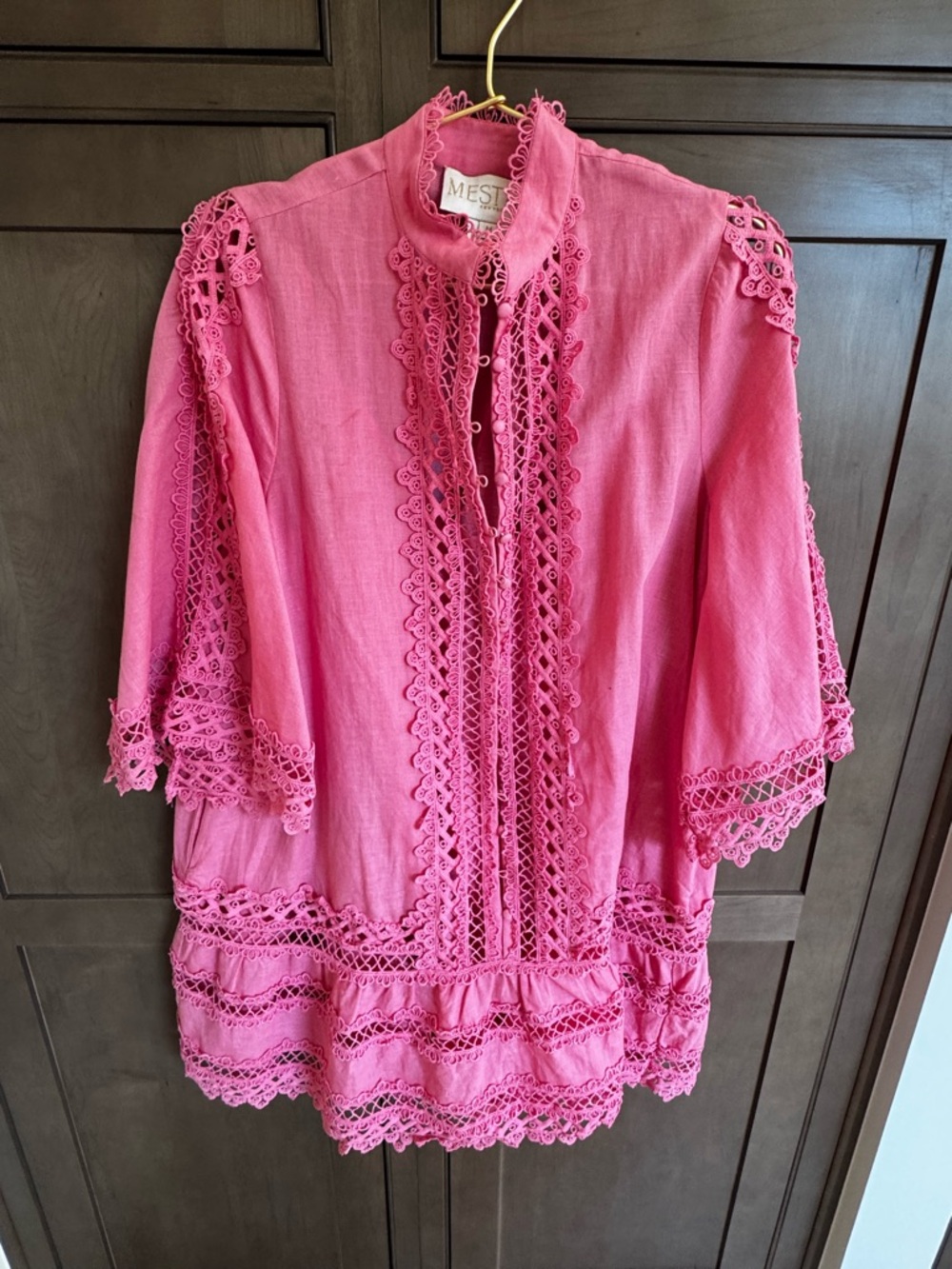 MESTA Pink Crochet-Trim Linen Blouse